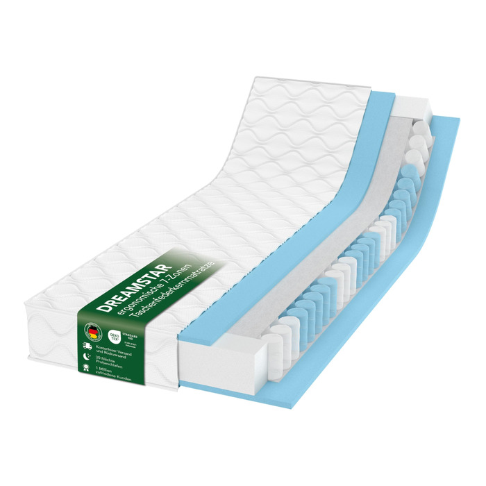 Матрац DREAMSTAR Ergo Flex Duo з пружинами Pocket Spring 140x200 см Ергономічний 7-зонний матрац Сертифіковано Oeko-Tex Рівні жорсткості H2 (0-80 кг) та H3 (80-100 кг) Гіпоалергенний та антибактеріальний Висота 17 см 140 x 200 см