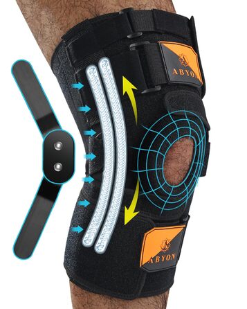 Колінний бандаж ABYON, регульований колінний бандаж для чоловіків та жінок, шарнірні пружини, подвійні посилені бічні стабілізатори, підтримка при артриті, розриви меніска (M) середній чорний