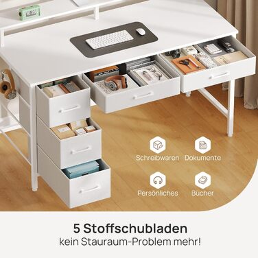 Письмовий стіл Rolanstar з 5 шухлядами, комп&39ютерний стіл з розетками, ігровий стіл зі світлодіодним освітленням, підставка для монітора, для домашнього офісу, спальні, вітальні, офісу (білий, 120 см)