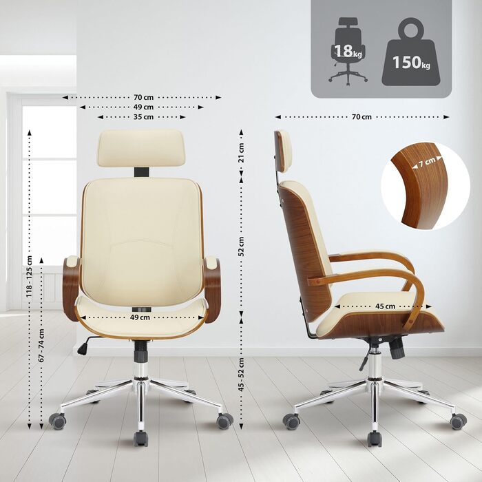 Офісне крісло CLP Dayton зі штучної шкіри, обертове крісло з підголівником, функцією гойдання, регулюванням висоти та функцією повороту на 360, колір горіх/кремовий