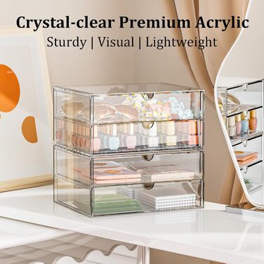 Великий косметичний органайзер з 4 широкими шухлядами акриловий органайзер, 2 шухляди, з протиковзкими накладками Штабелювана шухляда для туалетного столика, спальні, ванної кімнати, 4 шухляди - широкі - 2 шухляди