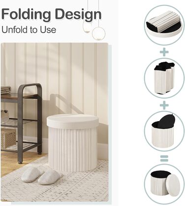 Круглий стілець WOLTU, пуф для зберігання з кришкою, м&39яка скриня для зберігання, складаний, м&39яка скриня для зберігання, виготовлена з оксамитового МДФ, 38xВ36 см, кремовий 38Г x 38Ш x 36В см