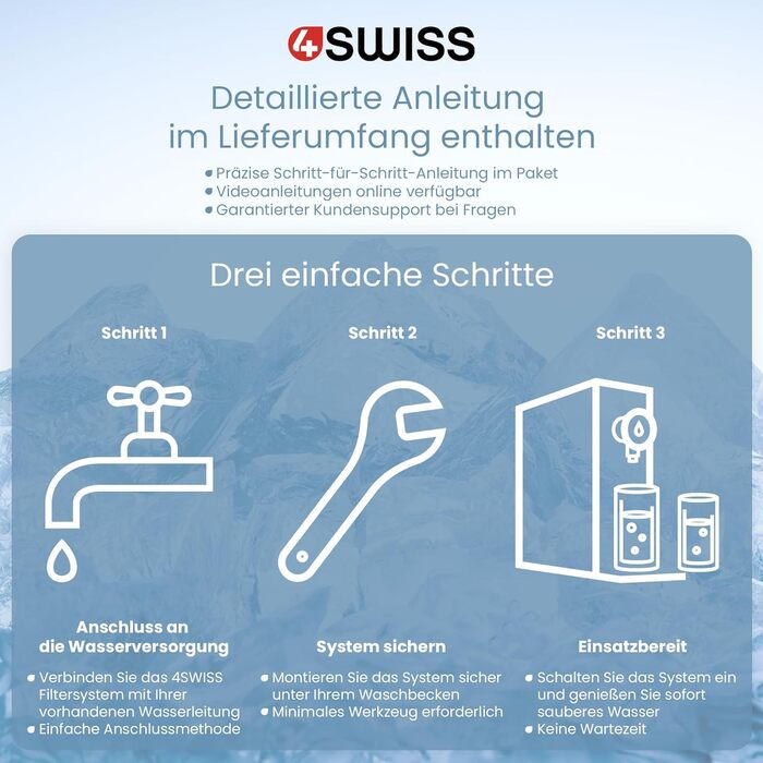 Система фільтрації 4SWISS для побутової води, 5-ступінчаста система прямого фільтрування питної води з трьома змінними картриджами та чотирма режимами дозування води (чорний)