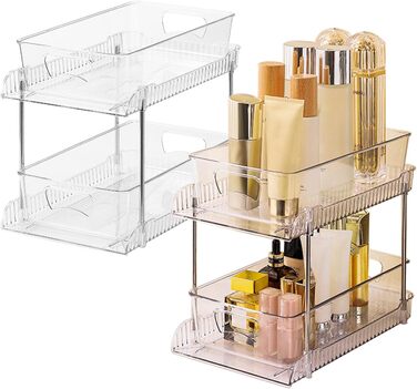 Органайзер для ванної кімнати, 2-рівневий, ефективне зберігання з шухлядами з прозорого пластику для кухні, під раковиною, штабелюється, економить місце у ванній кімнаті на кухні