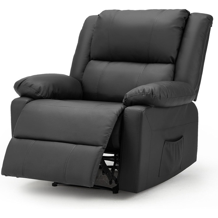 Крісло-реклайнер UNIONLINE з функцією відкидання, ергономічне крісло для телевізора, витримує навантаження до 150 кг, сучасне крісло зі штучної шкіри з ручним керуванням, бічні кишені, підставка для ніг (чорне)