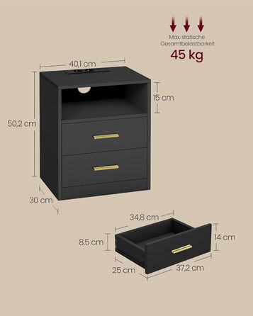 Колекція Custos - Тумбочка із зарядною станцією, комплект із 2 шт. , світлодіодне підсвічування, бічний столик, сучасний, з шухлядами, 2 розетками змінного струму та USB-портами, чорний колір LET829BC01 чорний колір 2 комплекти