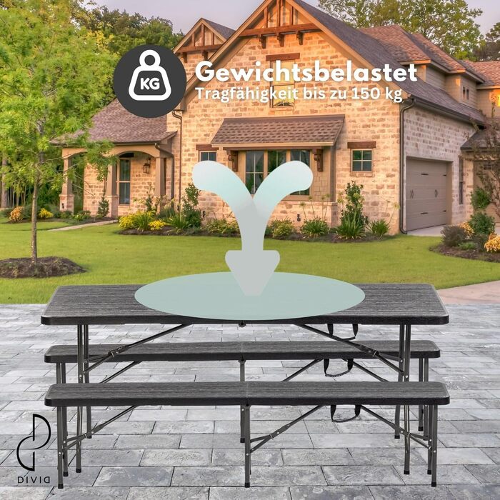 Набір для пивного саду DIVID, 3 предмети Стіл 2 лавки Для використання в приміщенні та на вулиці Складаний з ручками для перенесення ВxШxГ 73x180x75 см Садовий стіл (DIV-200/WOOD Set)