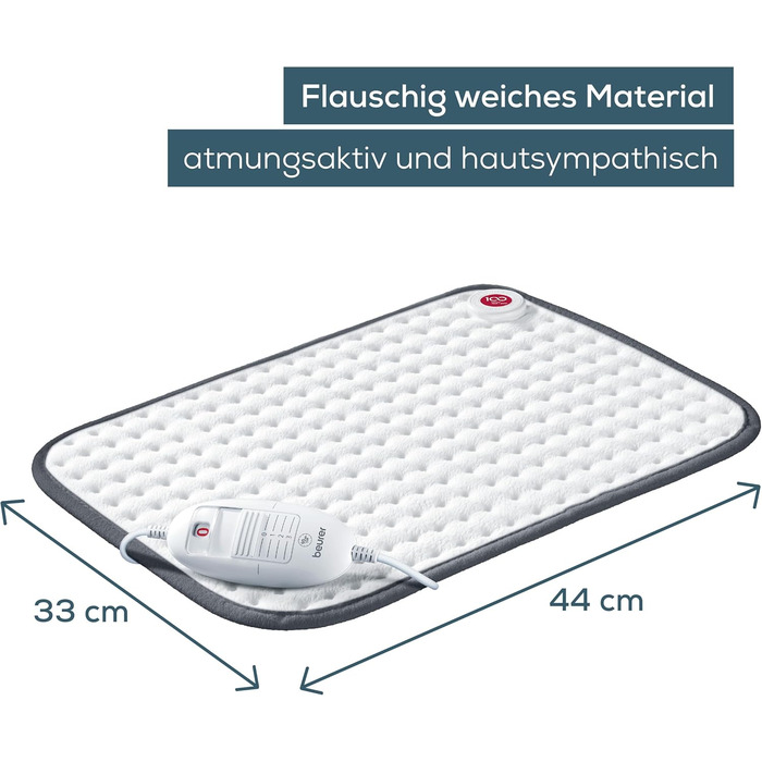 Грілка Beurer HK 41, м&39яка грілочка з 3 температурними режимами та автоматичним вимкненням, можна прати в пральній машині, зроблено в Європі, біло-сіра, 44 x 33 см, м&39який матеріал