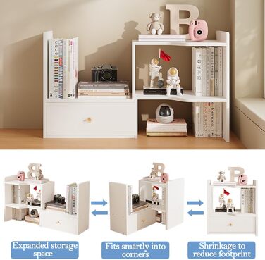 Розсувна настільна книжкова полиця, окремостояча, регульована, офісна полиця для зберігання речей, органайзер для столу, настільна книжкова полиця для офісу та дому (біла)