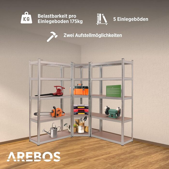 Система металевих полиць Arebos з 3 предметів 1 кутова полиця та 2 стелажі з 15 полицями Комбінація кутових полиць Вантажопідйомність до 2625 кг Система вставок Центральна поперечина для підвищеної стійкості Сріблястий/Чорний