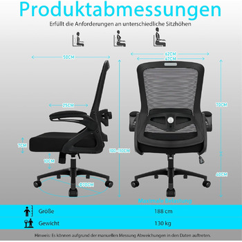 Ергономічне офісне крісло, робоче крісло з регульованою 4D поперековою опорою, обертове крісло зі складними підлокітниками, комп&39ютерне крісло з функцією нахилу 90-125, сітчасте крісло до 130 кг, чорне