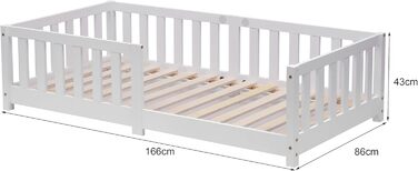 Дитяче ліжко ecomi 80x160 із захистом від падіння, Ліжко на підлогу, Дитяче ліжко з рейковою основою для дівчаток та хлопчиків, Масив сосни білого кольору, 80 x 160 см, Білий