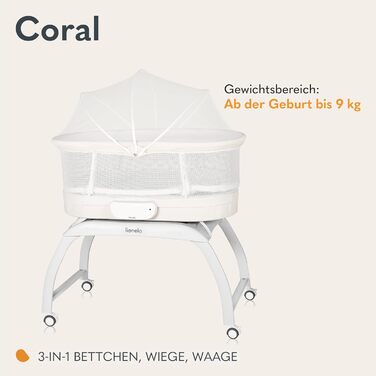 Дитяче ліжечко Lionelo Coral 3 в 1 до 9 кг, колиска, ваги для малюків, 5 швидкостей гойдання, 12 мелодій, 4 колеса, ергономічний матрац, таймер, пульт дистанційного керування, москітна сітка
