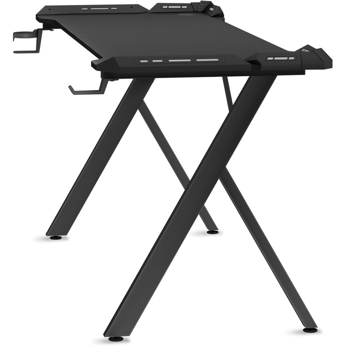 Ігровий стіл YUENFONG зі світлодіодним освітленням, комп&39ютерний стіл Y-подібної форми 140x60 см з вуглецевим волокном, ергономічний ПК-стіл, включаючи пульт дистанційного керування, підставку для чашки та гачок для навушників, чорний 140*60*75 см