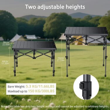 Стіл для кемпінгу Anbte, розкладний стіл 67x58 см (ДxШ), алюміній, стільниця, що згортається, з 2 рівнями висоти (44/70 см), X-подібна конструкція, вантажопідйомність до 150 кг, з сумкою для зберігання для пікніків, саду, балкону, 67 x 58 x 44/70 см