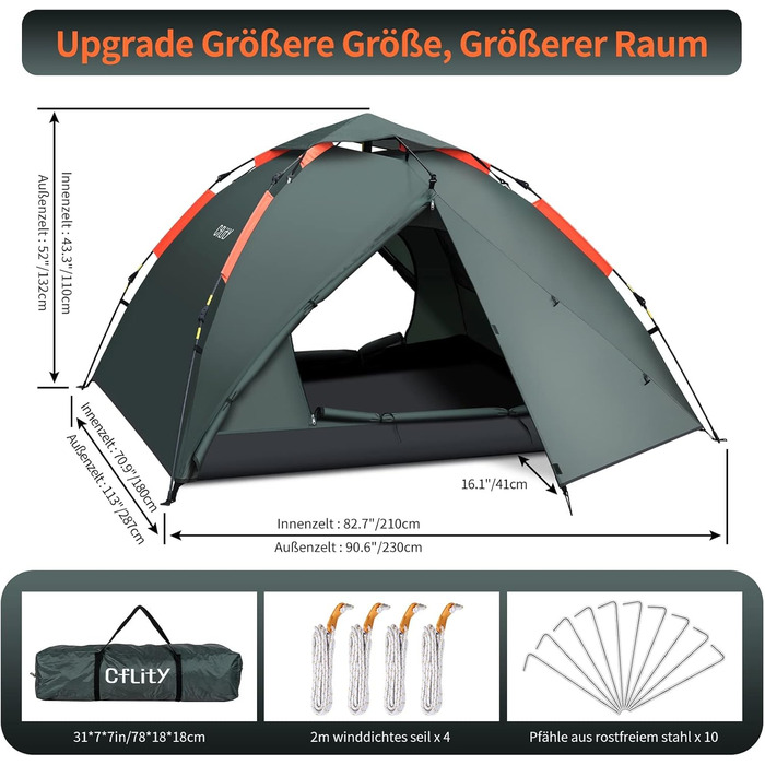 Намет для кемпінгу, 3-місний намет миттєвого розкладання, водонепроникний тришаровий автоматичний купольний намет, великий 4-сезонний намет з дощовиком та 2 розсувними ґанками, зелений