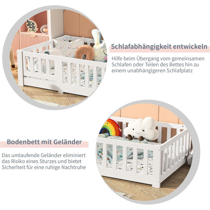 Підлогове ліжко 90x200 см дитяче ліжко із захистом від падіння та рейковою основою, дитяче ліжко Монтессорі, масив сосни, білий (Білий, 90 x 200 см) Білий 90 x 200 см