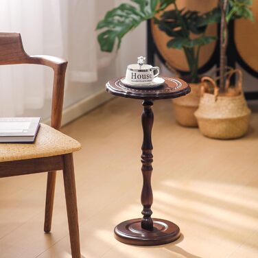 Круглий приставний столик, маленький столик для напоїв для невеликих приміщень, масив дерева, сучасний приставний столик, акцентна тумба для спалень, віталень, куточків та офісів, коричневий