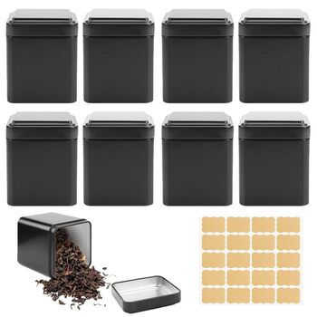 Класичних квадратних чайних банок, 7 x 7 x 8,5 см, для розсипного чаю, включаючи 20 етикеток, набір металевих ароматизованих чайних банок, місце для зберігання чаю, кави, цукру (чорні), 10