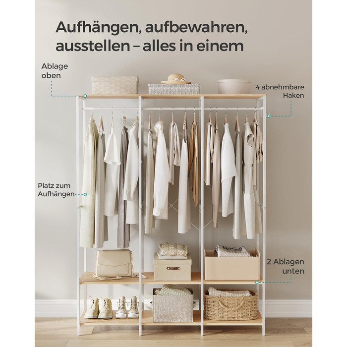 Відкрита шафа, вішалка для одягу, вішалка для пальто, шафа з рейкою для одягу, полиці, знімні гачки, 40 x 141 x 180 см, натуральний бежевий RGR005W67 Натуральний бежевий 40 x 141 x 180 см
