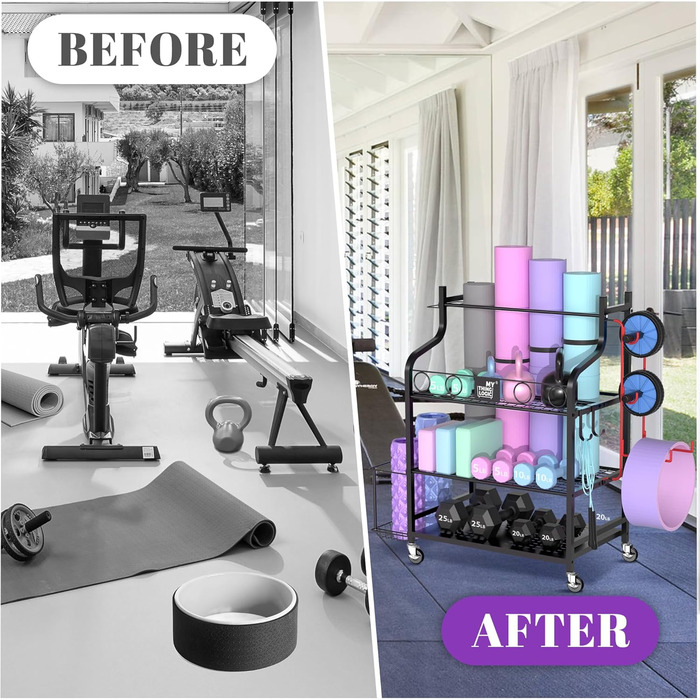 Полиця для килимка для йоги, Органайзер для килимка для йоги з гантелей, пінопластового валика, гир та блоку для йоги, Полиця для зберігання вдома та в спортзалі, Полиця для спортивного обладнання, Чорний