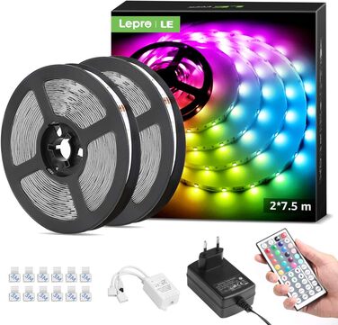 Світлодіодна стрічка Lepro RGB самоклеюча 5050 SMD, світлодіодна стрічка 24 В постійного струму, світлодіодна стрічка IP20, світлодіодна стрічка з регулюванням яскравості з блоком живлення Контролер дистанційного керування для дому, вечірки, кухні (15M)