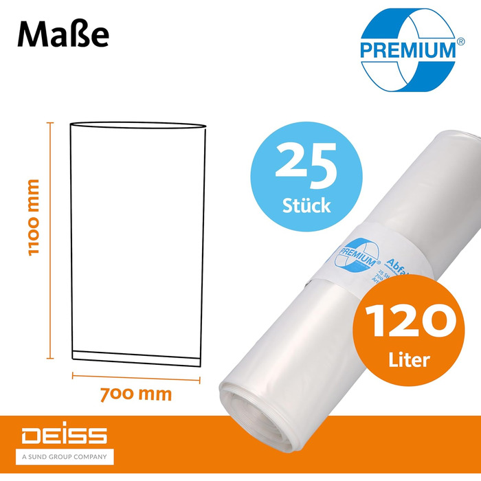 Прозорі сміттєві пакети DEISS PREMIUM, 70 мкм, 120 л, 120 літрів - 70 мкм, 19005, ука (25 шт.), одинарні