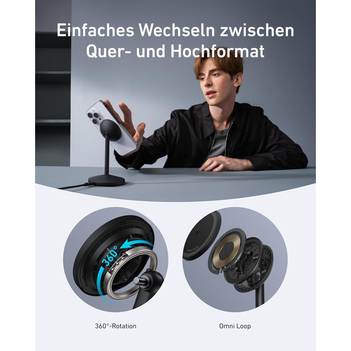 Бездротова зарядна станція Anker MagGo, 15 Вт Qi2 для MagSafe, підставка з кабелем USB-C, магнітний зарядний пристрій для iPhone 1