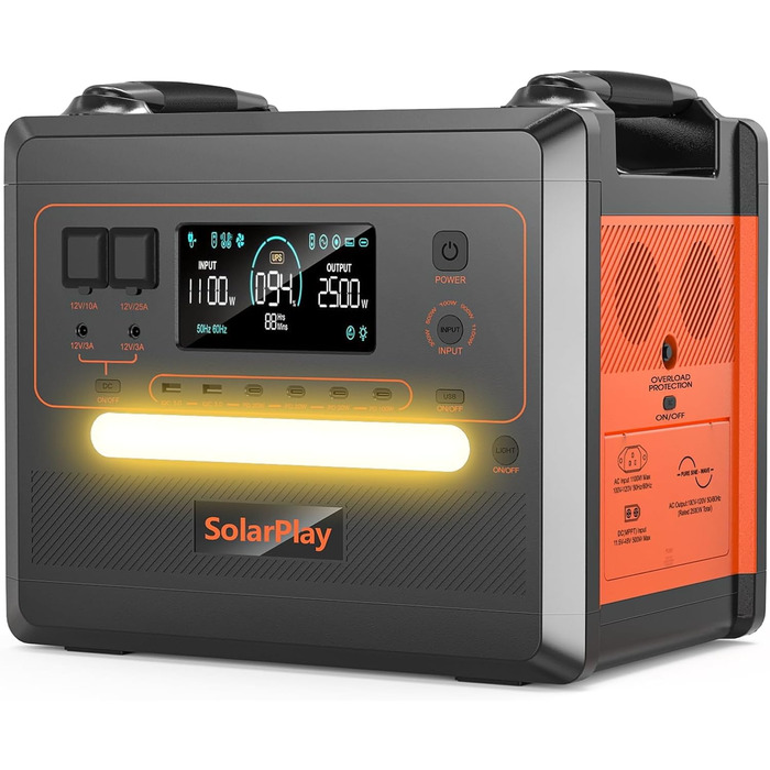 Портативна електростанція SolarPlay Q2402M, сонячний генератор LiFePO4 ємністю 2304 Втгод (пік 5000), повна зарядка 1,5 години із сонячною панеллю, 14 портів, 230 В, ДБЖ, електростанція для кемпінгу/дому/кемперів/відключення електроенергії 2500 Вт