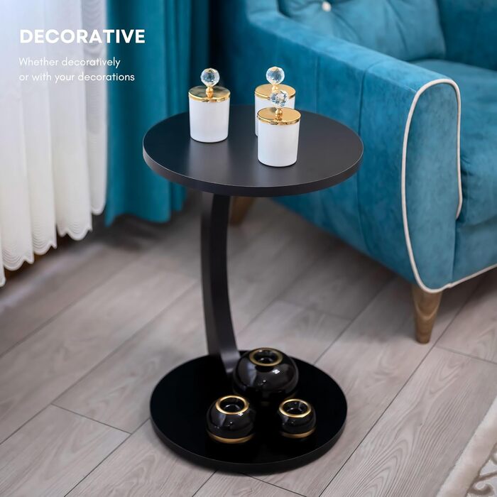 С-подібний приставний столик Luxora з коліщатками, круглий диванний столик чорного кольору, невеликий приставний столик, який можна використовувати як журнальний столик, столик для телефону, столик біля ліжка, столик для ноутбука та журнальний столик (чор