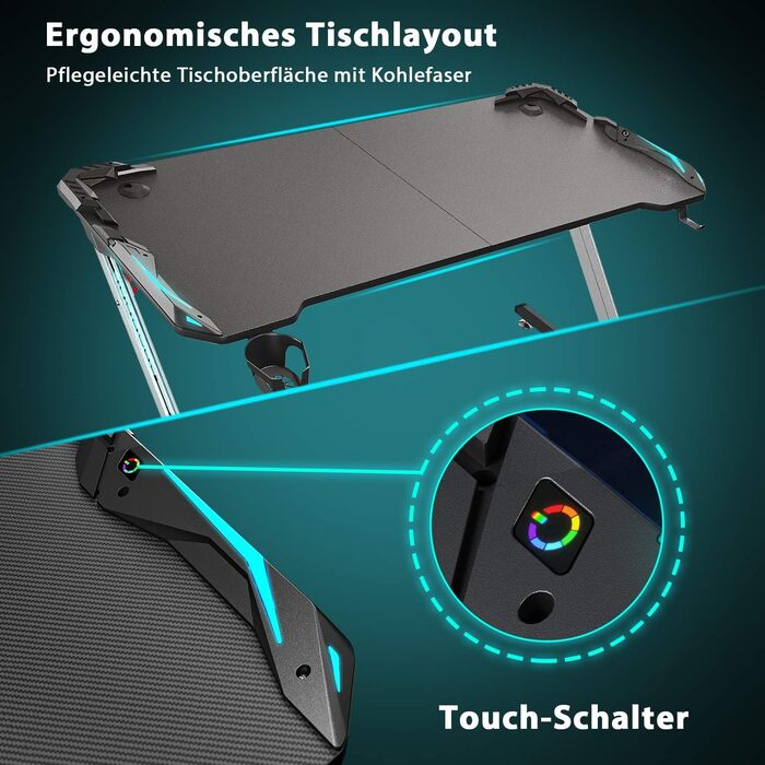 Ігровий стіл SONNI 140 см, ігровий стіл зі світлодіодним підсвічуванням, Z-подібна міцна ніжка, з підставкою для чашки та підставкою для навушників, 140x60x75 см, чорний (килимок для миші не входить до комплекту)