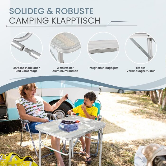 Складаний кемпінговий стіл Homecall 75 x 55 x 63/25 см, регульована по висоті алюмінієва, складна, стільниця з МДФ, витримує вагу до 30 кг, підходить для саду, пікніка, пляжу, балкону, кухні, 75 x 55 x 63 см