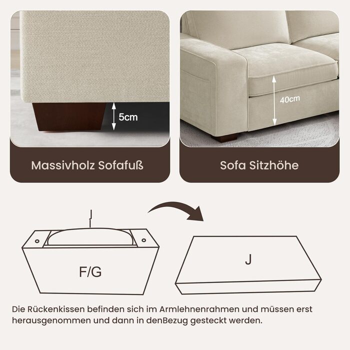 Розкладний секційний диван 250 см з шезлонгом, сучасний L-подібний двосторонній дизайн, зручна тканина шеніл, знімні чохли для подушок, порти USB Type-C (бежевий, 3-місний L-подібний)