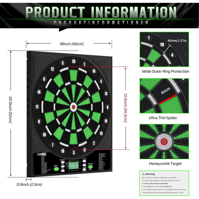 Електронна мішень для дартсу Cyeelife з німецьким голосом та РК-екраном включає 12 мяких дротиків, 24 крильця, 50 наконечників та USB-зарядний пристрій стандартна мішень для дартсу
