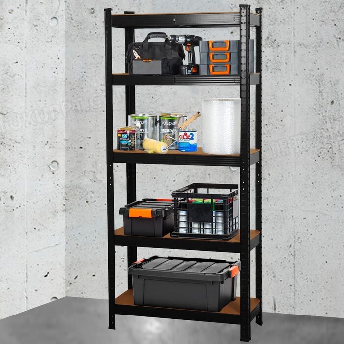 Високоякісний міцний стелаж, кріпильні елементи в комплекті, вантажопідйомність 875 кг, 5 регульованих, міцних полиць з МДФ для зберігання, підвалу, гаража, льоху, майстерні (чорний, 70x30x150 см)