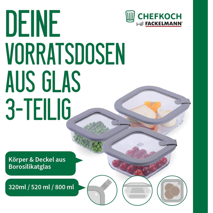 Набір контейнерів для зберігання FACKELMANN Chefkoch із 3 предметів із боросилікатного скла з вентиляційним клапаном 400 мл / 600 мл / 950 мл, герметичний та водонепроникний, підходить для використання в мікрохвильовій печі та духовці