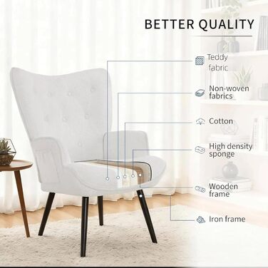 Крісло CLEVICH з підніжкою - Затишне крісло для відпочинку з підніжкою, крісло для читання, крісло з тканини Тедді для вітальні та спальні - До 168 кг, Біле