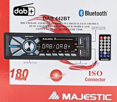 Автомобільна радіостанція RDS Стерео/DAB PLL, Bluetooth, два входи USB, SD/AUX-IN, 180 Вт (45 Вт x 4 канали), чорний одинарний, 442 BT