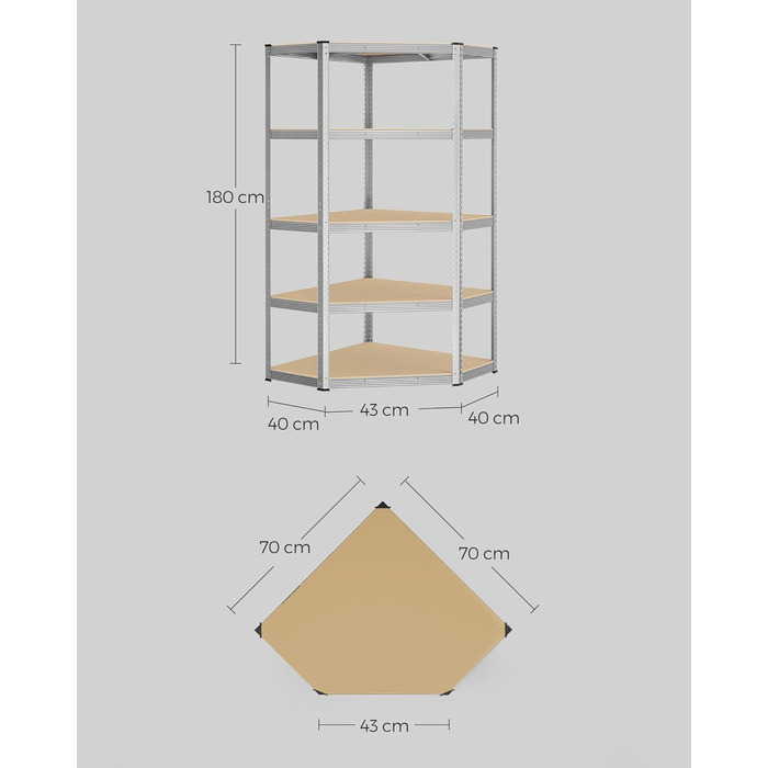Кутова полиця SONGMICS, 5 ярусів, міцна полиця, металева, полиця для гаража, комори, полиця для підвалу, вантажопідйомність до 875 кг, сріблясто-натурально-бежевий GLR080E01 сріблястий натуральний бежевий