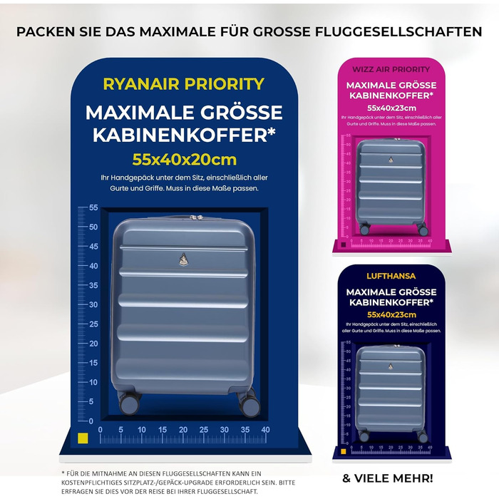 Розширювана валіза Aerolite з можливістю розширення від 55x40x20 см до 55x40x23 см, Lufthansa, Eurowings, Condor, Wizz, Air Priority та інші, максимальний розмір, легка, тверда, для ручної поклажі, 55x40x20 см, 55x40x23 см, з 4 колесами, синя, 55x40x20 см