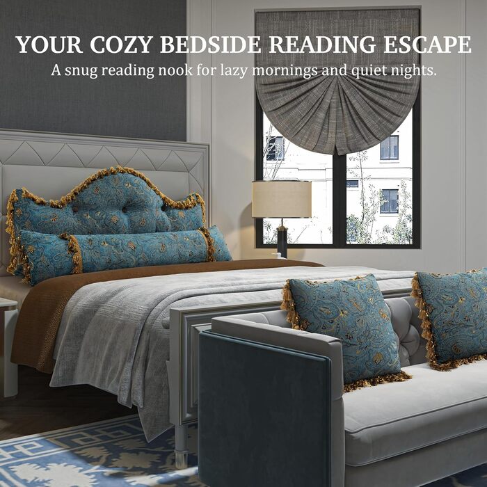 Розкішна європейська подушка для узголів&39я ліжка, класична вінтажна декоративна подушка з вишитим квітковим візерунком, м&39яка подушка для читання з опорою для спини, знімний чохол, бірюзово-блакитне узголів&39я, 140 см x 60 см x 15 см