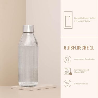 Багаторазова скляна пляшка об'ємом 1 літр з міцного переробленого скла з кришкою з міцного алюмінію, СУМІСНА ТІЛЬКИ з виробником газованої води Glassy
