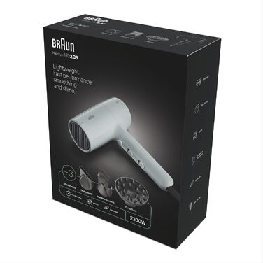 Фен Braun HD2.35 Styling Set легкий фен з дифузором, гребінцем-вирівнювачем та стилізуючою насадкою для всіх типів волосся, технологія IONTEC, 2200 Вт, 3 температури та 2 швидкості, сірий, BRHD235E
