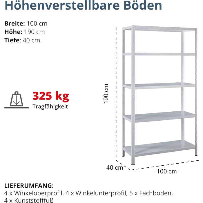 Система полиць SCHULTE з 5 полицями PowerMAX, вантажопідйомність 65 кг, 190x100x40 см (ВxШxГ), білий, полиця для зберігання, полиця для майстерні, полиця для підвалу, полиця для гаража, металева полиця