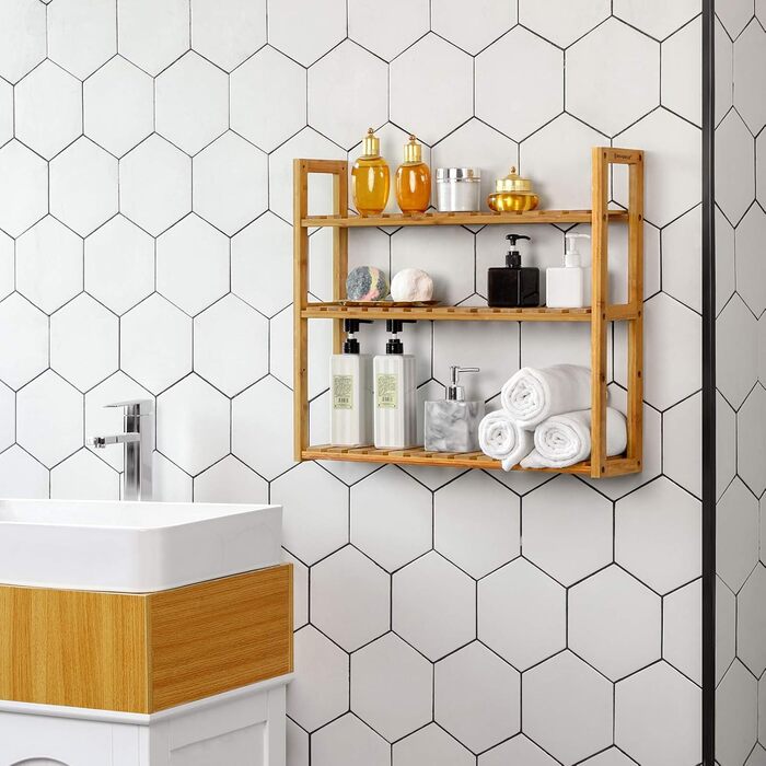 Полиця для ванної кімнати SONGMICS, бамбукова полиця, полиця для рослин з 3 регульованими полицями, настінна, окремостояча, для вітальні, коридору, кухні, 60 x 15 x 54 см, натуральний колір BCB13Y