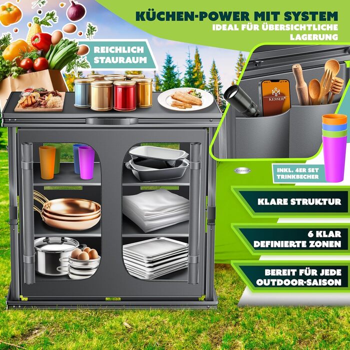 Складана кемпінгова кухня KESSER Кемпінгова шафа для вулиці 84x80 см Кухонна шафа з алюмінієвим каркасом, 6 полиць, включаючи набір чашок з 4 предметів, бічні кишені та москітну сітку Кемпінгова кухня виготовлена з тканини, стійкої до ультрафіолету, 6 пол