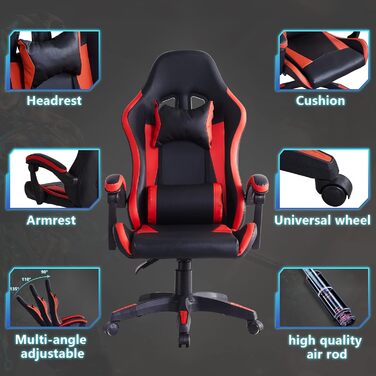 Ергономічне ігрове крісло CLIPOP, комп&39ютерне обертове крісло з підголівником та поперековою опорою, функція нахилу та блокування, регулювання висоти, поворотне, висока спинка, гоночні крісла, чорне/червоне
