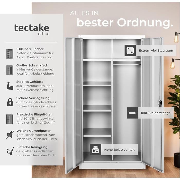 Картотечна шафа Tectake, шафка-купе, багатофункціональна шафа, гардеробна з вішалкою для одягу, побутова шафа з 6 відділеннями, картотечна шафа, що замикається, вкл. полиці, 180x80x40см сірий 180 x 80 x 40см Сірий