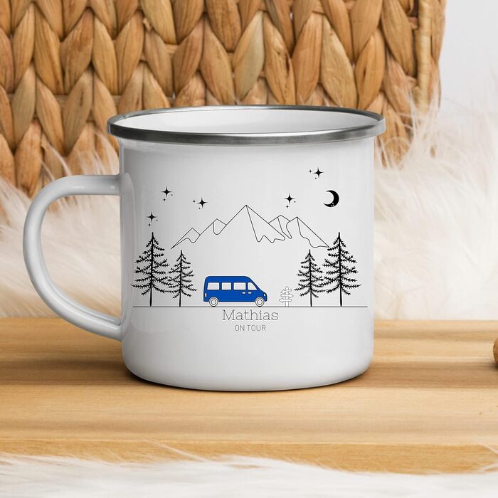 Емальована кружка Маленька Матильда, барвиста персоналізована кемпінгова кружка з іменем для кемпінгу, кавова кружка, аксесуар для каравану, кружка з нержавіючої сталі, подарунок для кемперів (синій колір)