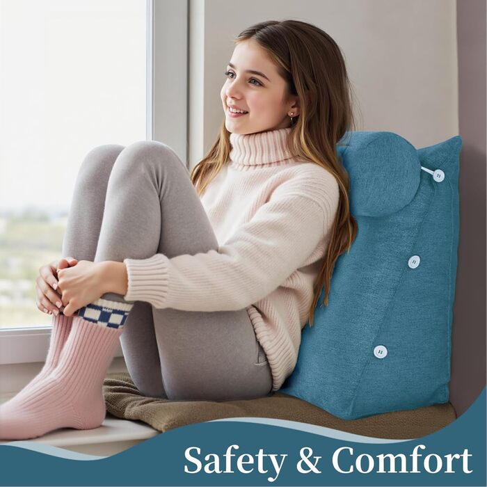 Клиноподібна подушка для читання для ліжка, регульована декоративна подушка для читання, трикутна подушка, клиноподібна подушка для дивана для поперекового відділу хребта, подушка для підтримки шиї та спини зі знімним лляним чохлом, синя, 60 см